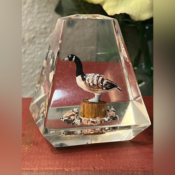 Clear Lucite Hand Carved Wood Rouge Duck MCM DESK Paper Weight Made in Canada - Picture 1 of 10